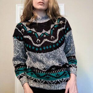 vintage black and teal geometric mock neck sweater 80s 90s
